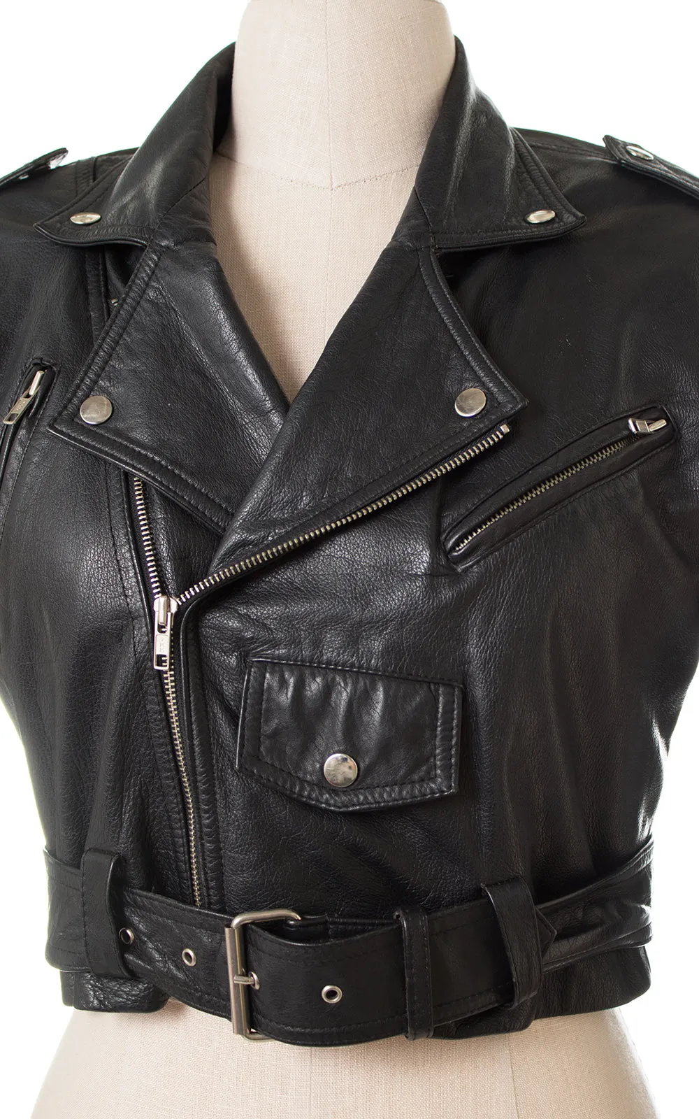 1980s Cropped Black Leather Motorcycle Jacket | medium/large