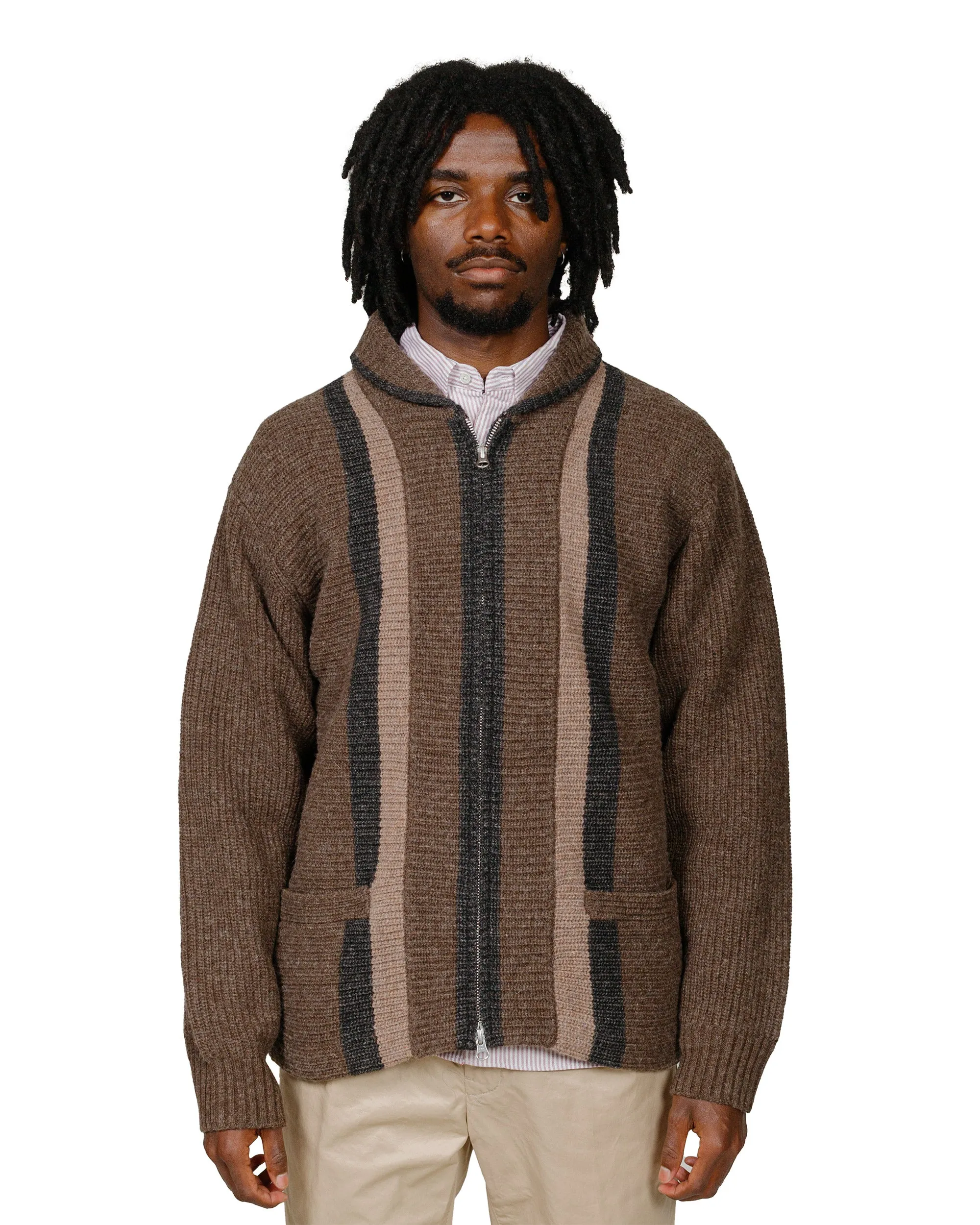 Beams Plus Full Zip Shawl Collar Knit Brown