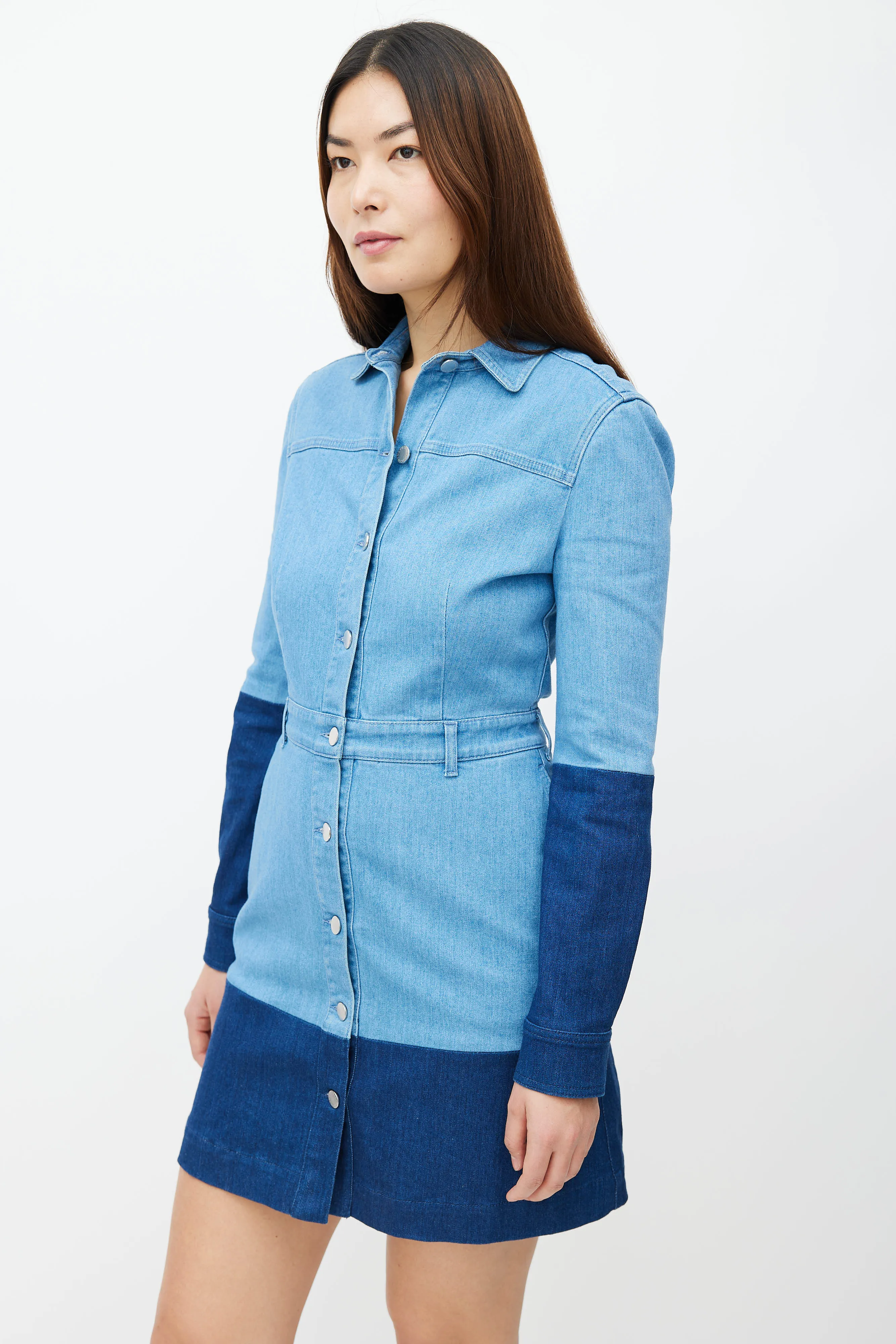 Blue Two-Tone Denim Long Sleeve Dress