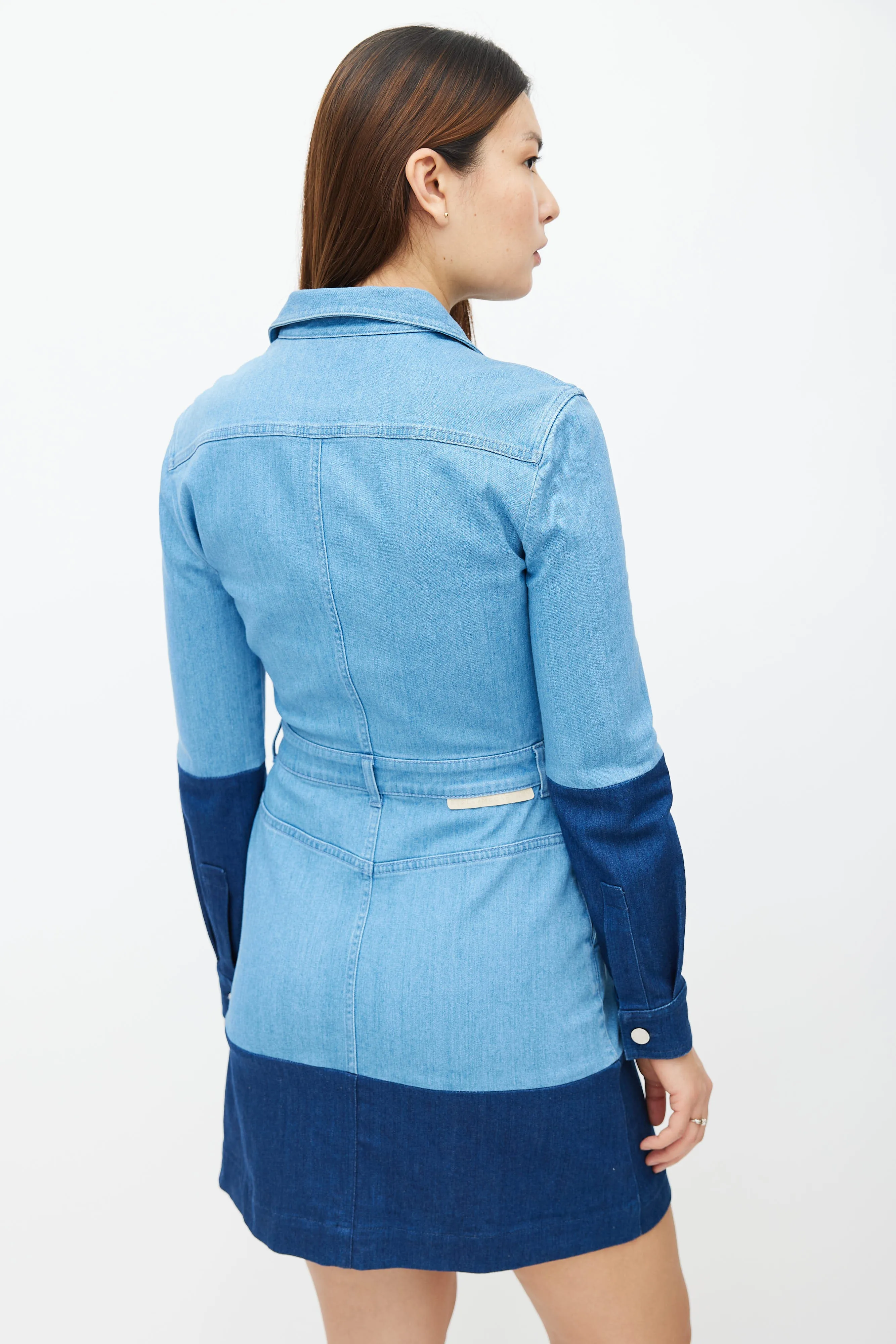 Blue Two-Tone Denim Long Sleeve Dress