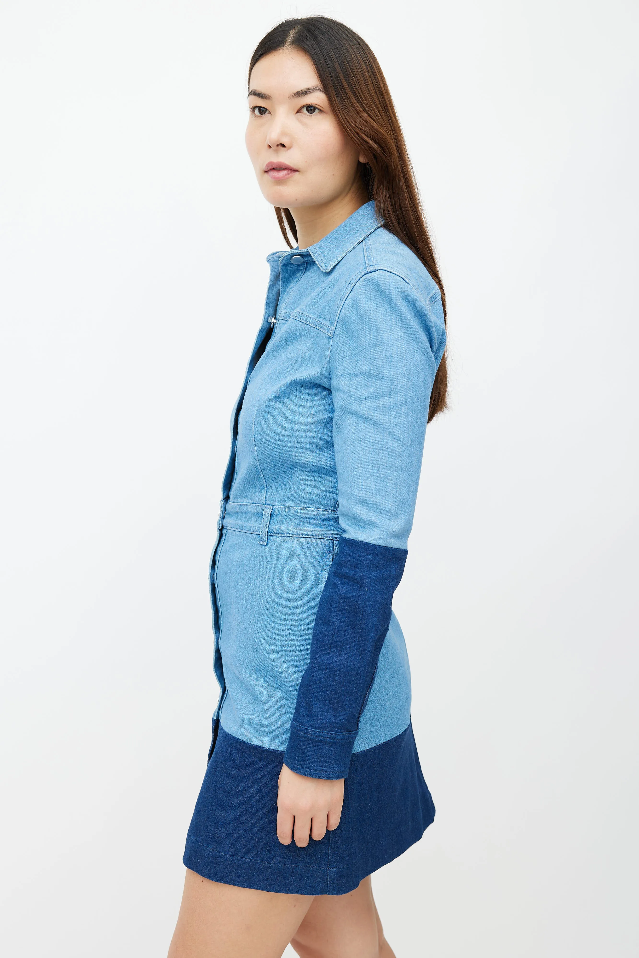 Blue Two-Tone Denim Long Sleeve Dress