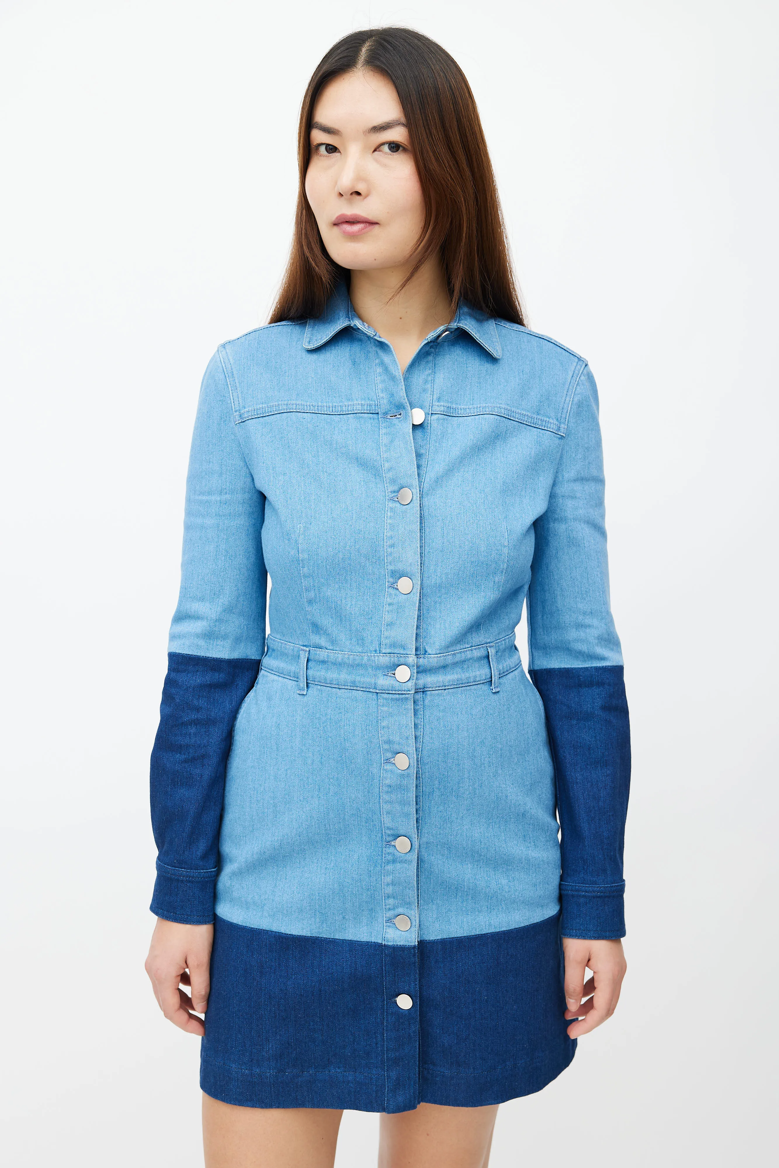 Blue Two-Tone Denim Long Sleeve Dress