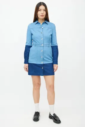 Blue Two-Tone Denim Long Sleeve Dress