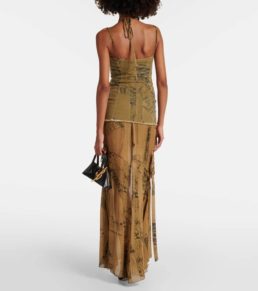 Blumarine Printed denim-trimmed gown