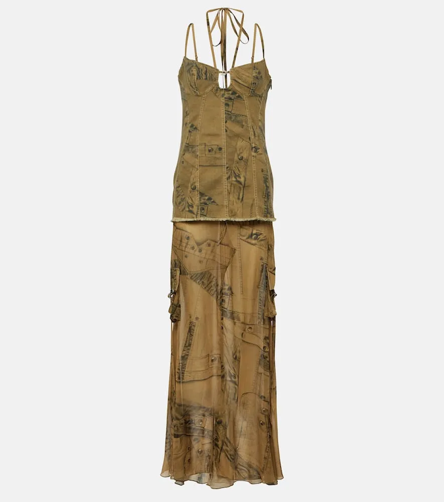 Blumarine Printed denim-trimmed gown