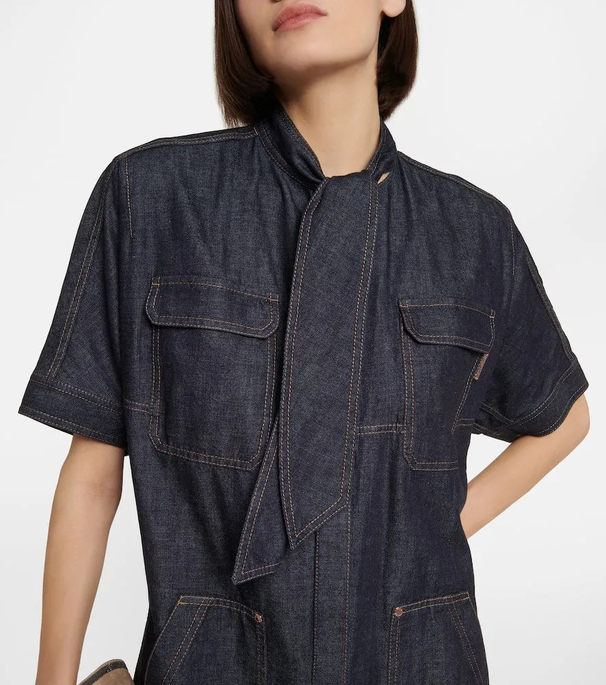 Brunello Cucinelli Tie-neck denim dress
