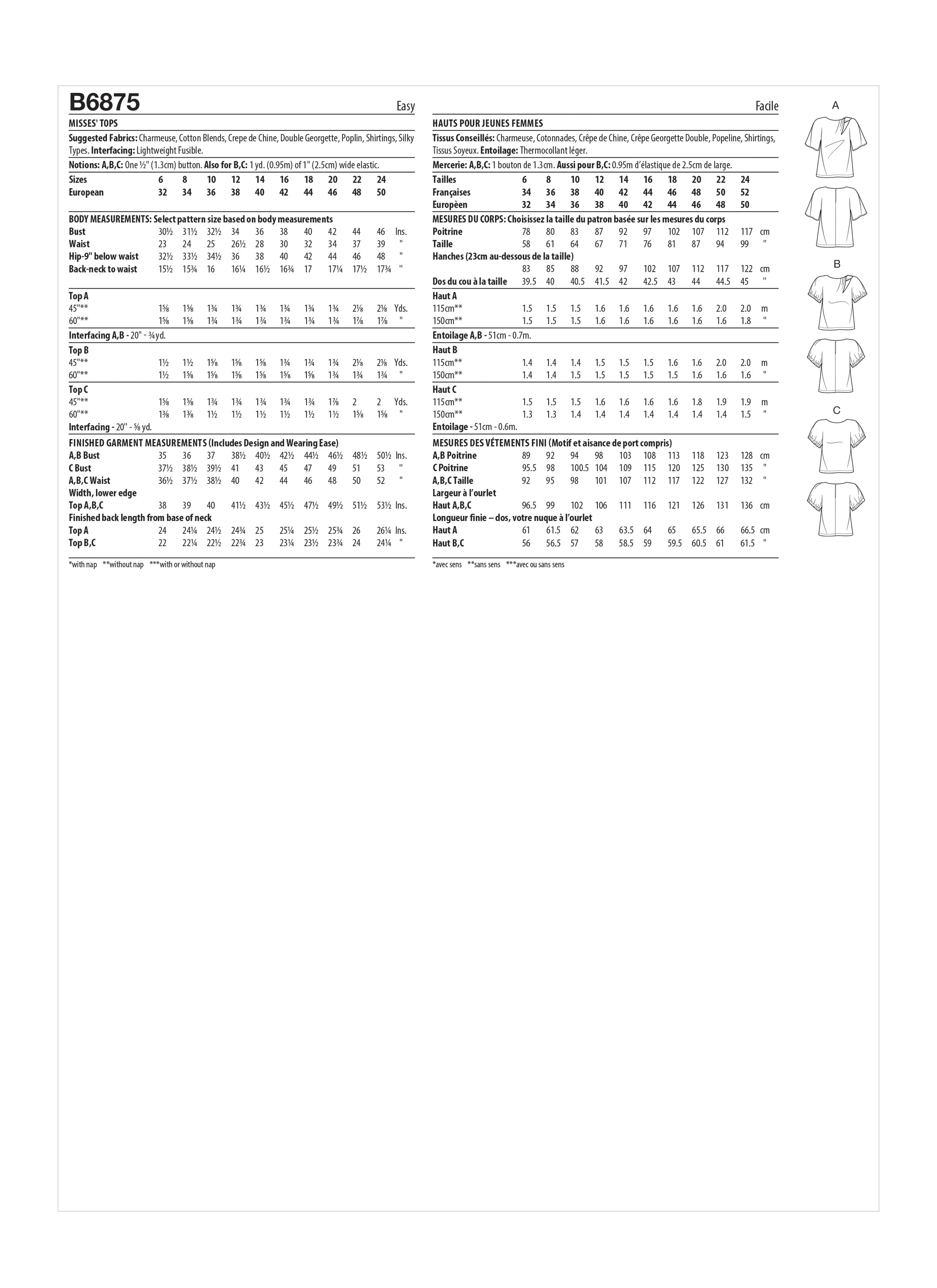 Butterick 6875 Tops sewing pattern