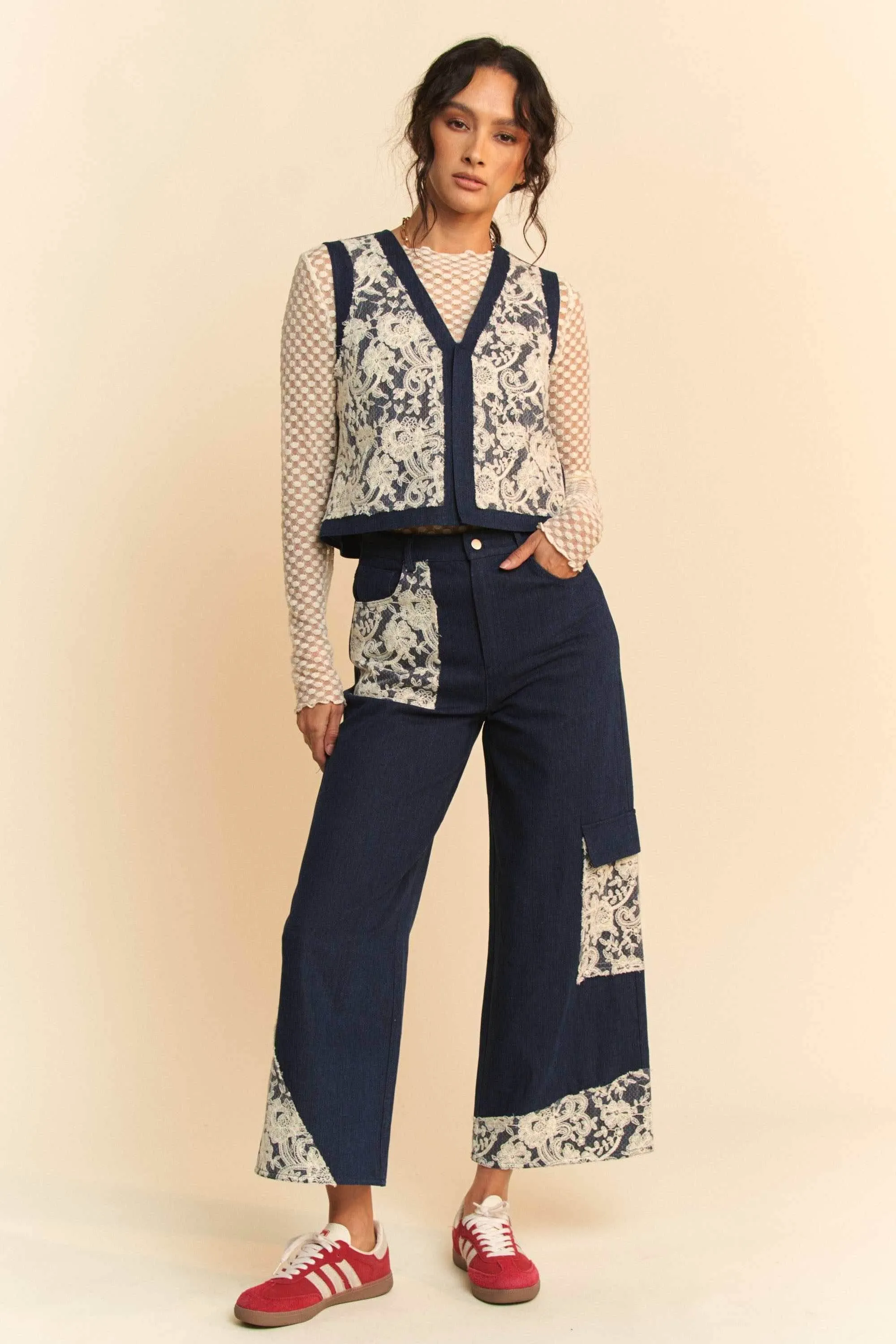 Davi & Dani Lace Patch Open Front Denim Vest