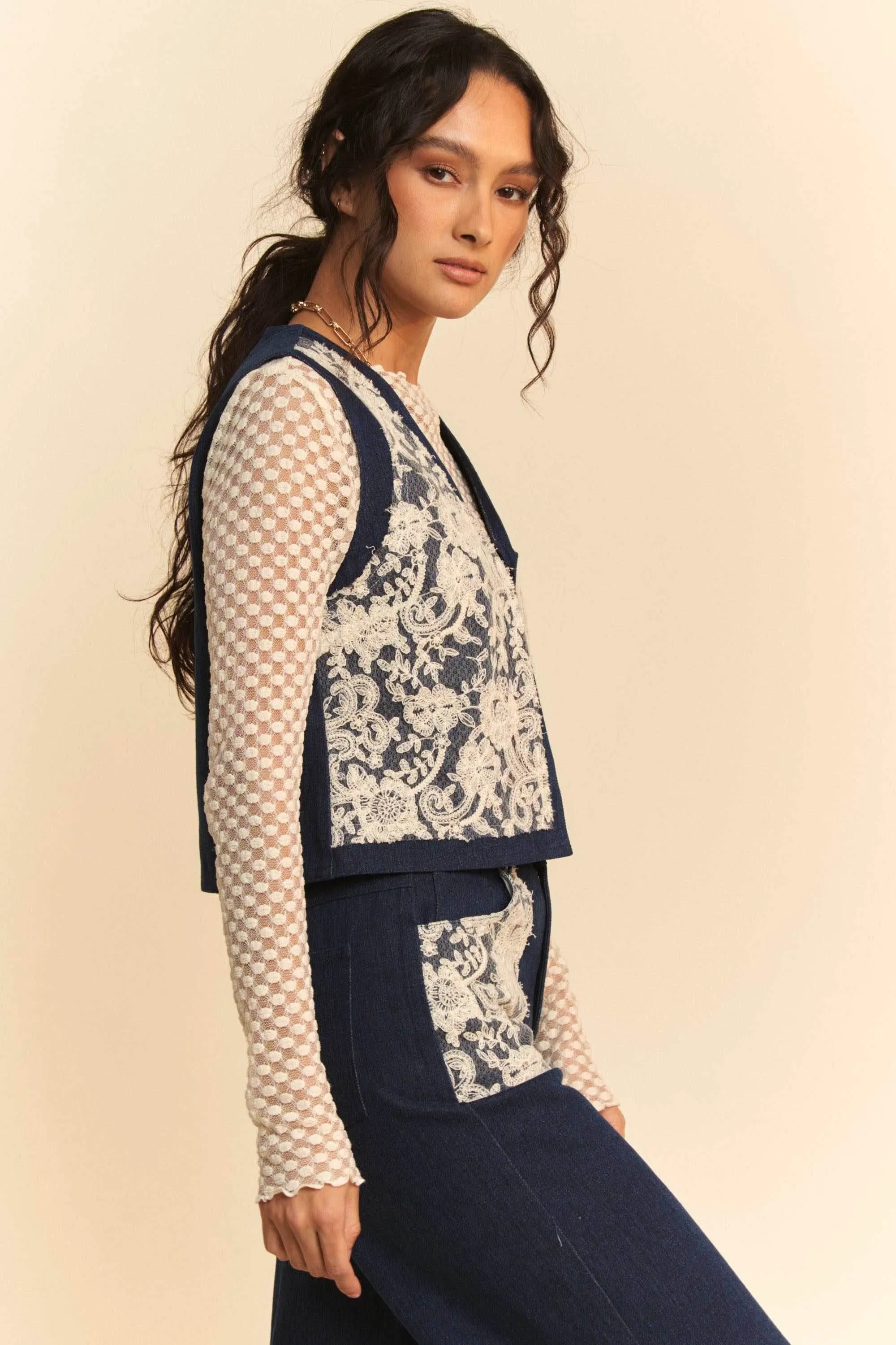 Davi & Dani Lace Patch Open Front Denim Vest