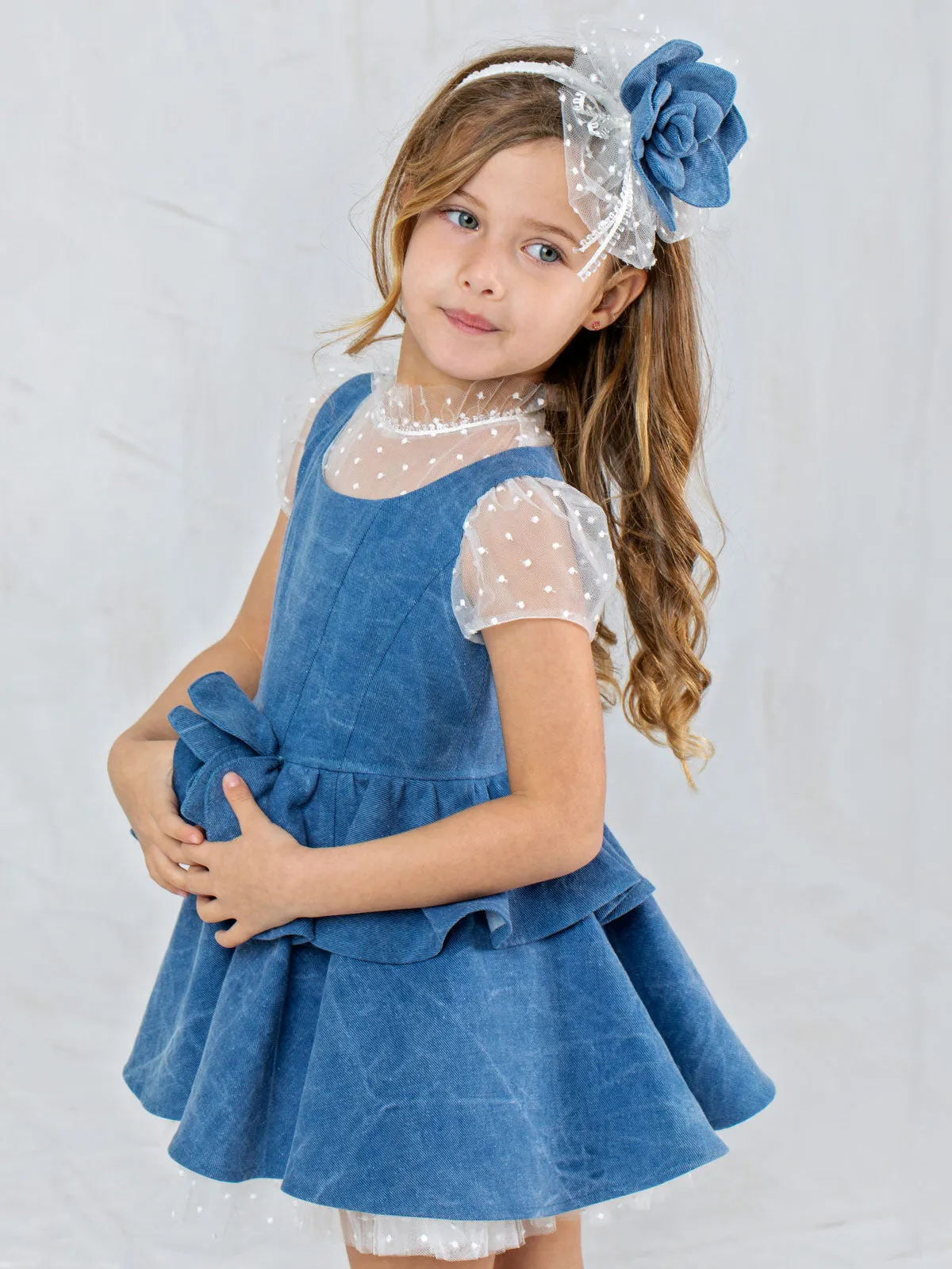 Denim dress with embroidered tulle for girl – DRIOPI