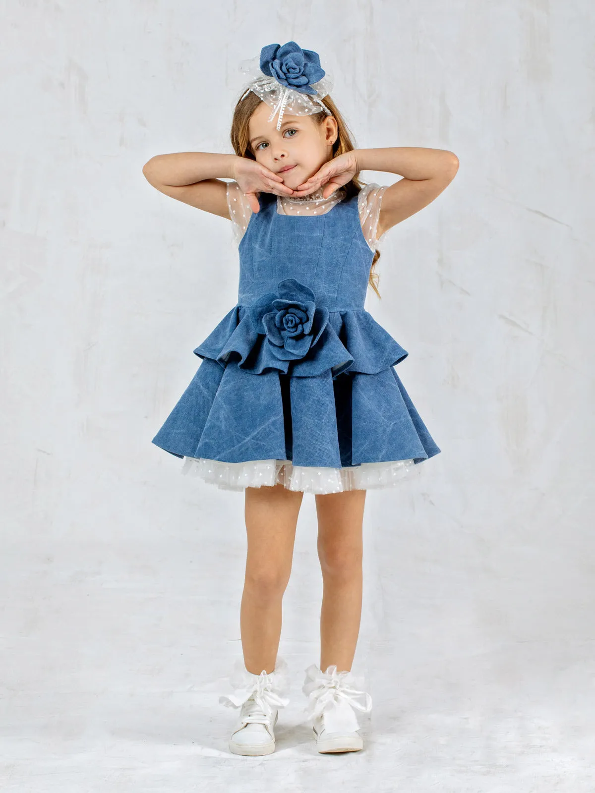 Denim dress with embroidered tulle for girl – DRIOPI