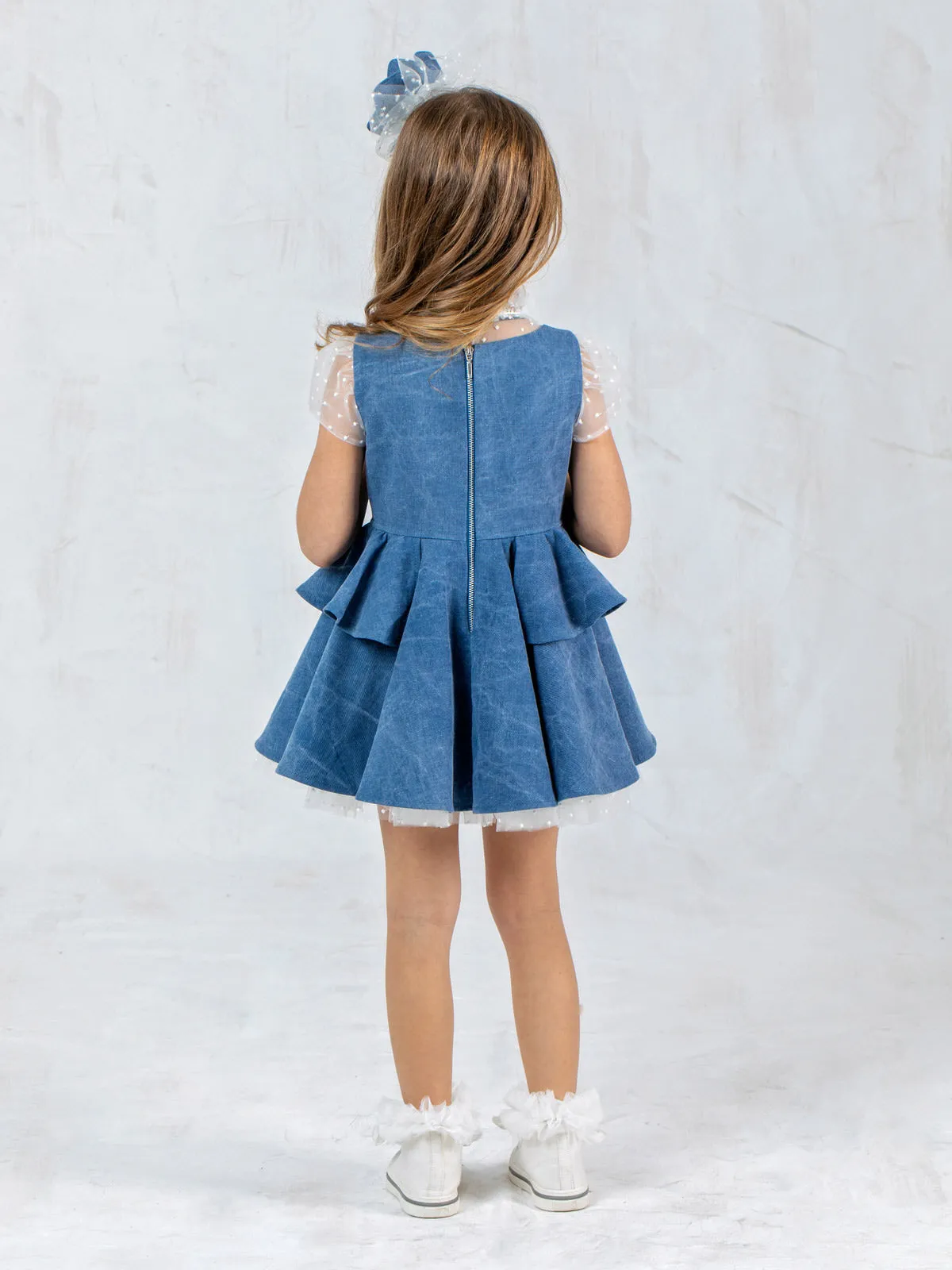 Denim dress with embroidered tulle for girl – DRIOPI
