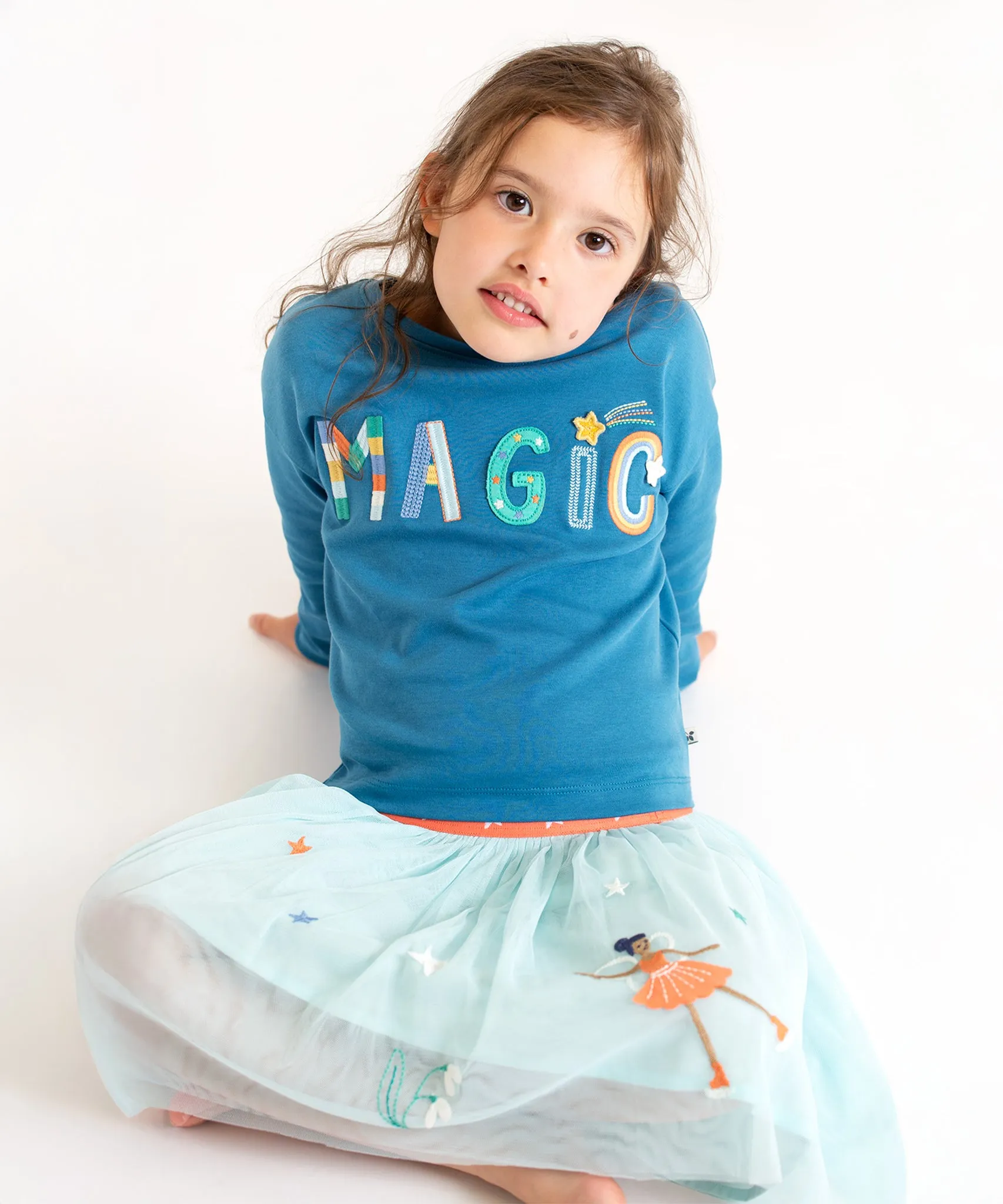Frugi Bethany Applique Top - Deep Water/Magic