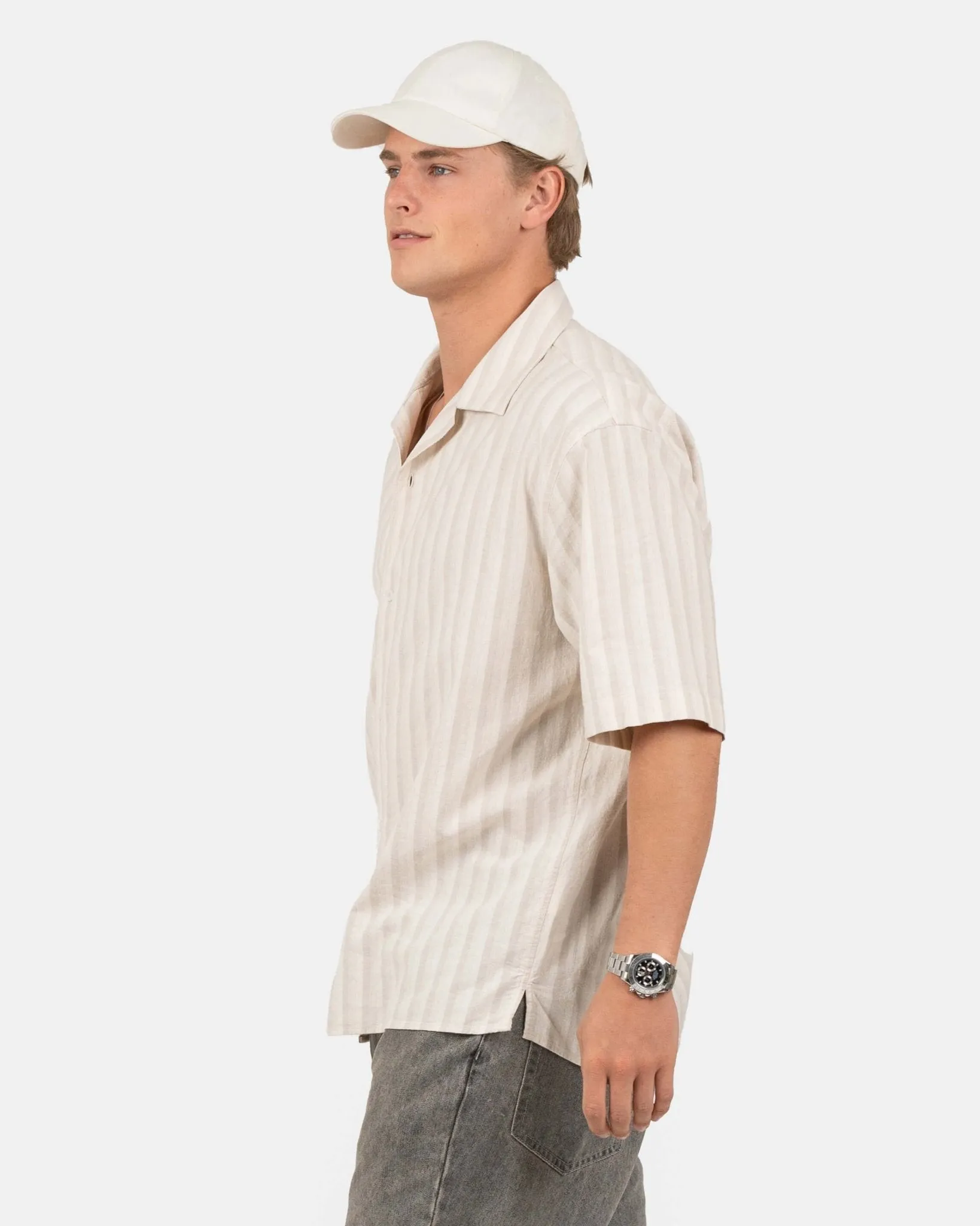Kortærmet Hørskjorte Beige Stribet