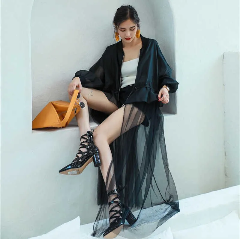 Long Sleeve Zip Long Hem w/ Mesh Skirt Shirt/Duster in Black