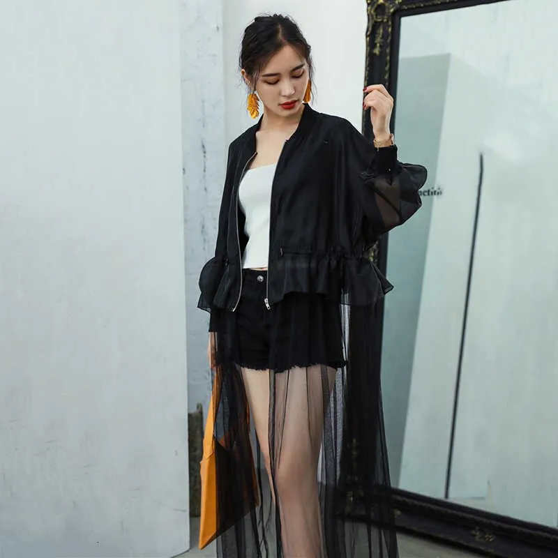 Long Sleeve Zip Long Hem w/ Mesh Skirt Shirt/Duster in Black