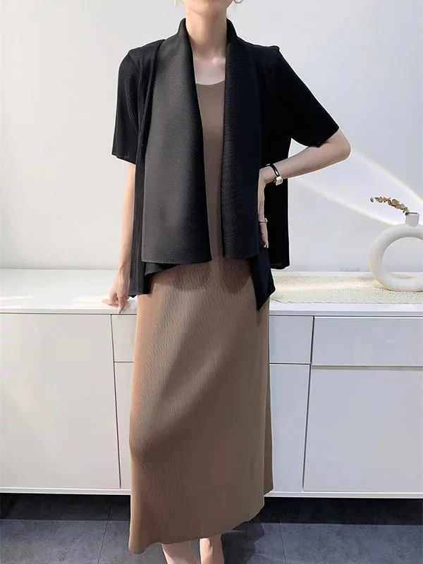 Loose Short Sleeves Pleated Solid Color Collarless Outerwear