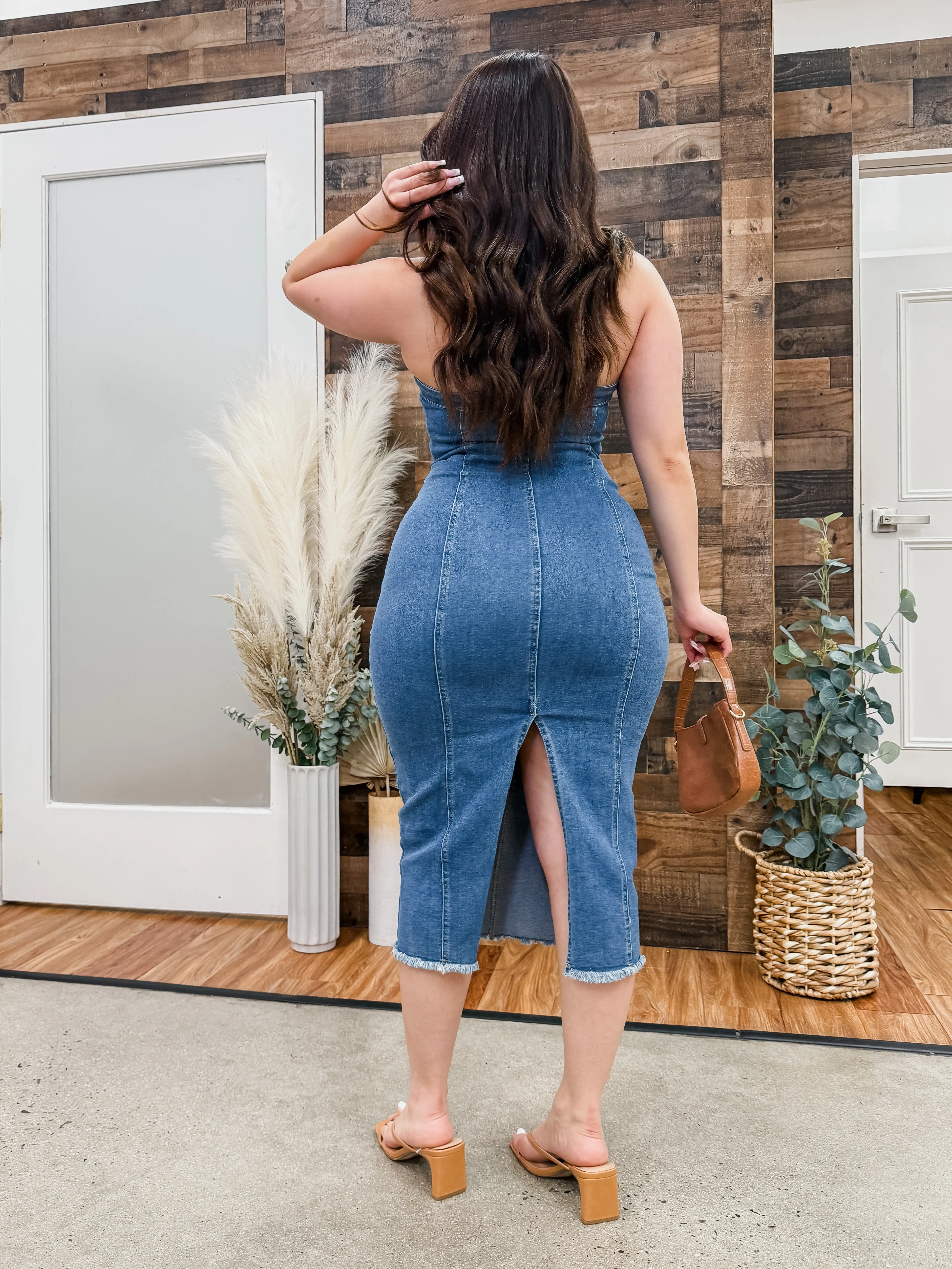 Paola Strapless Stretch Denim Midi Dress