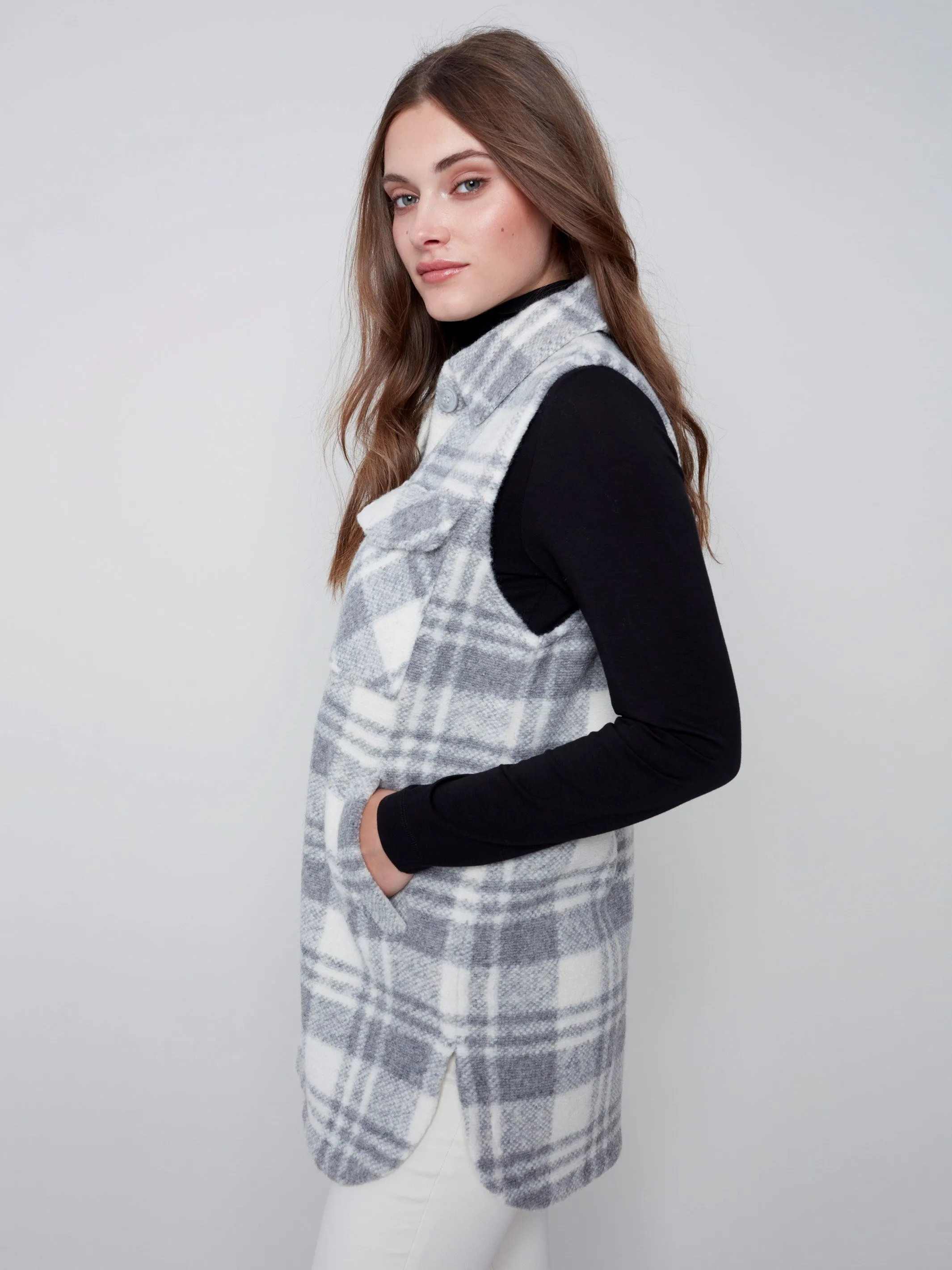 Plaid Boiled Wool Vest - Light Grey