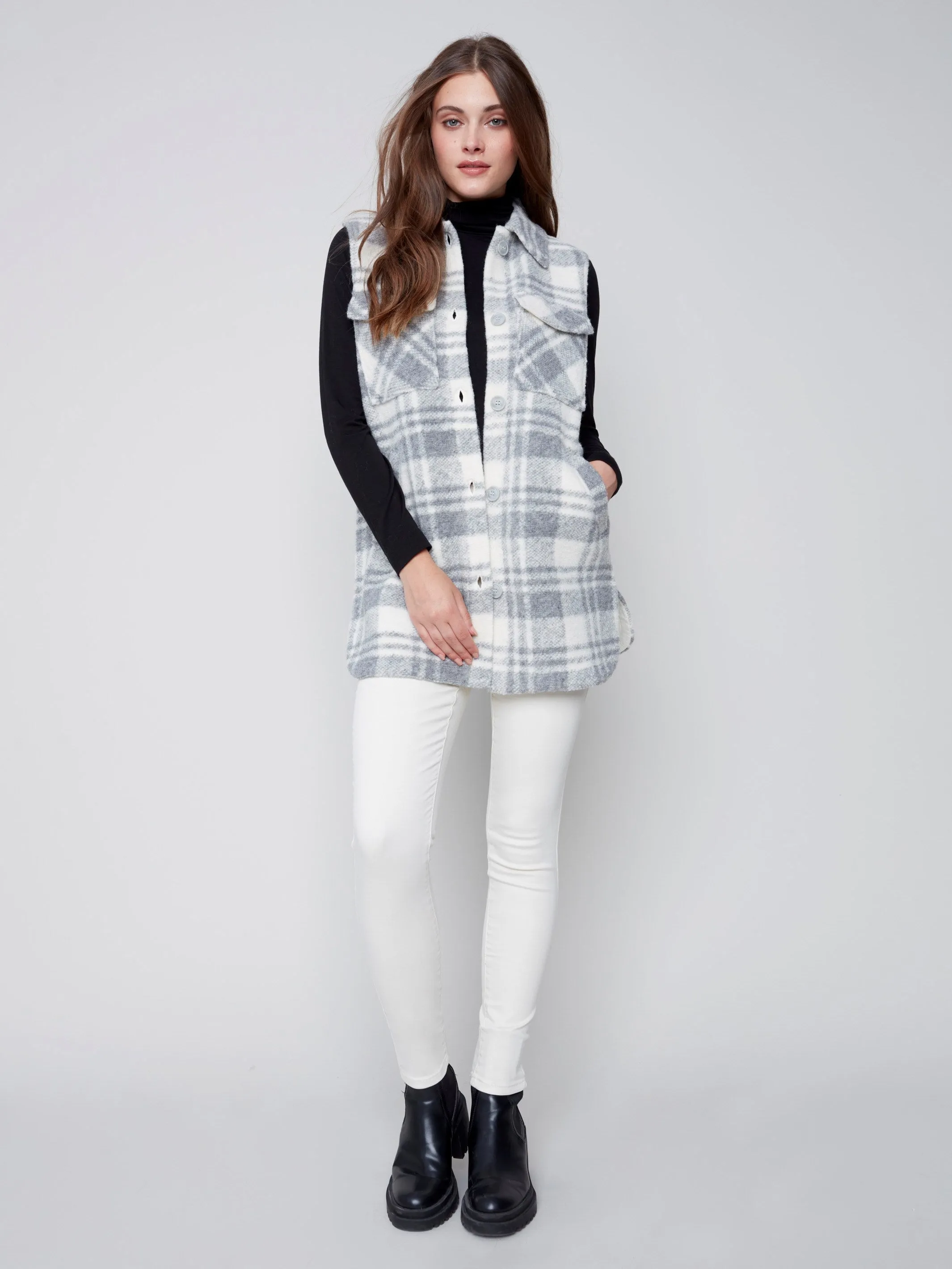 Plaid Boiled Wool Vest - Light Grey