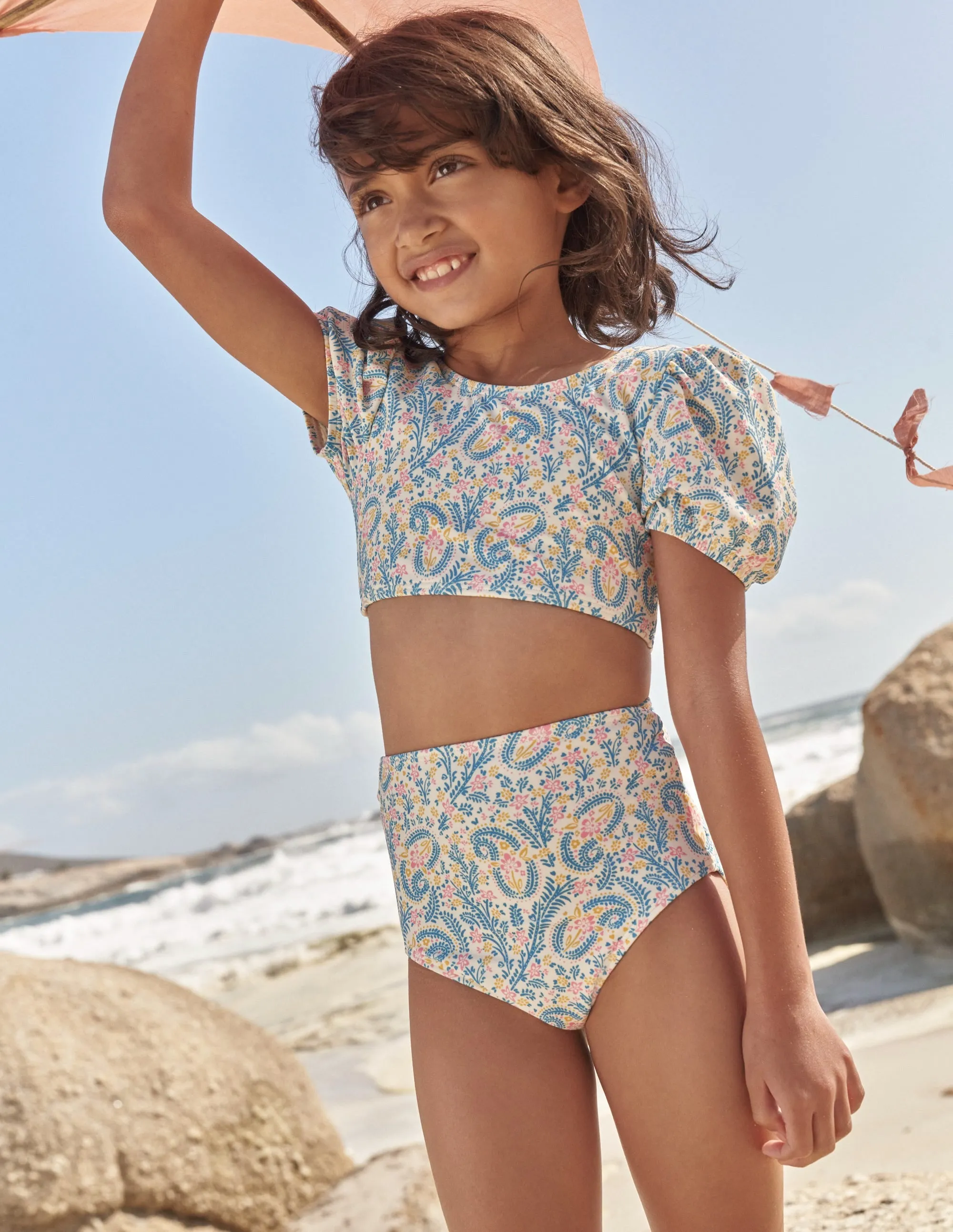 Puff Sleeve Bikini-Ivory Paisley