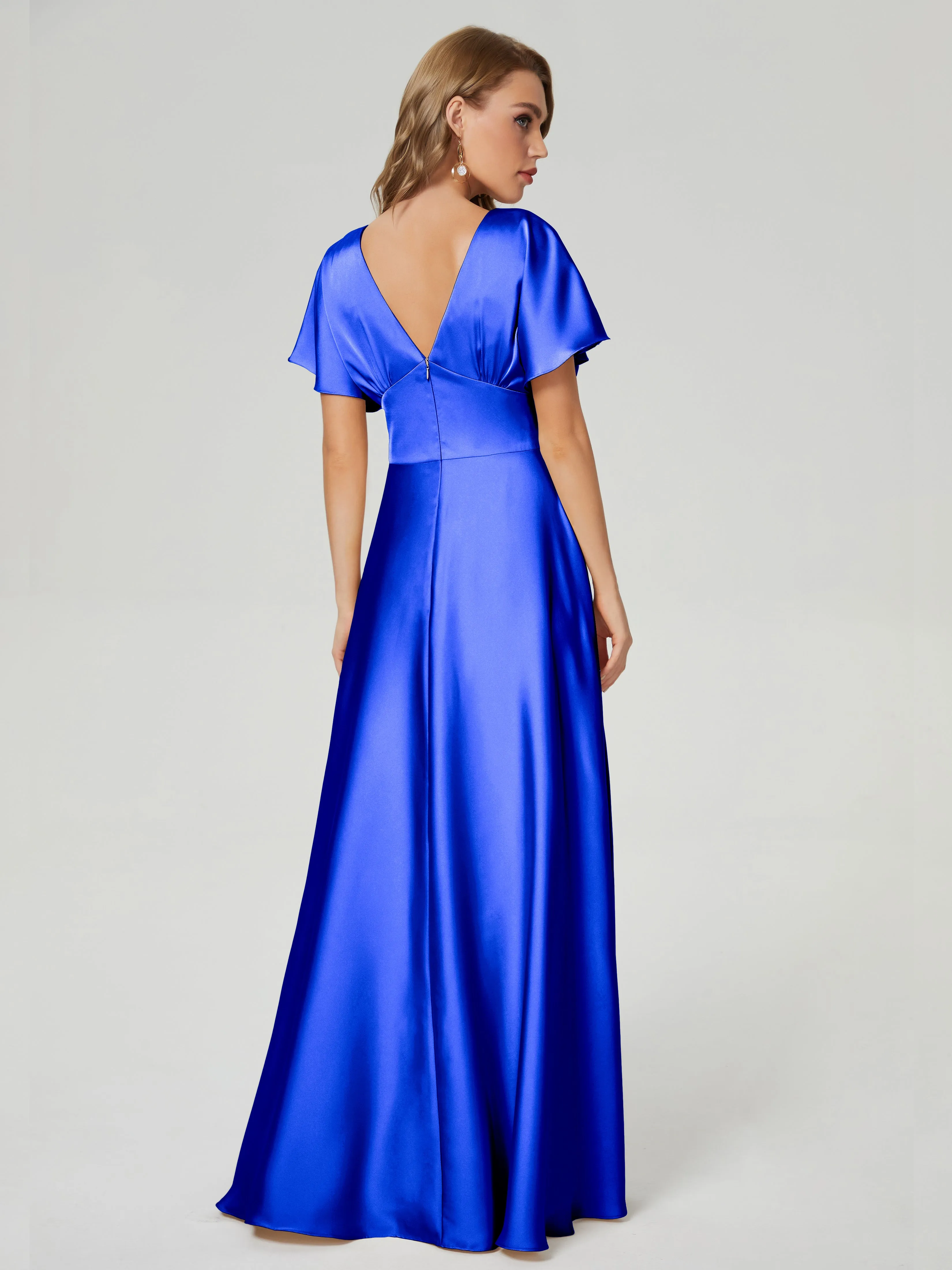 Royal Blue Bridesmaid Dresses With Sleeves Ariah Modest V Neck Short Sleeves Soft Satin Dresses