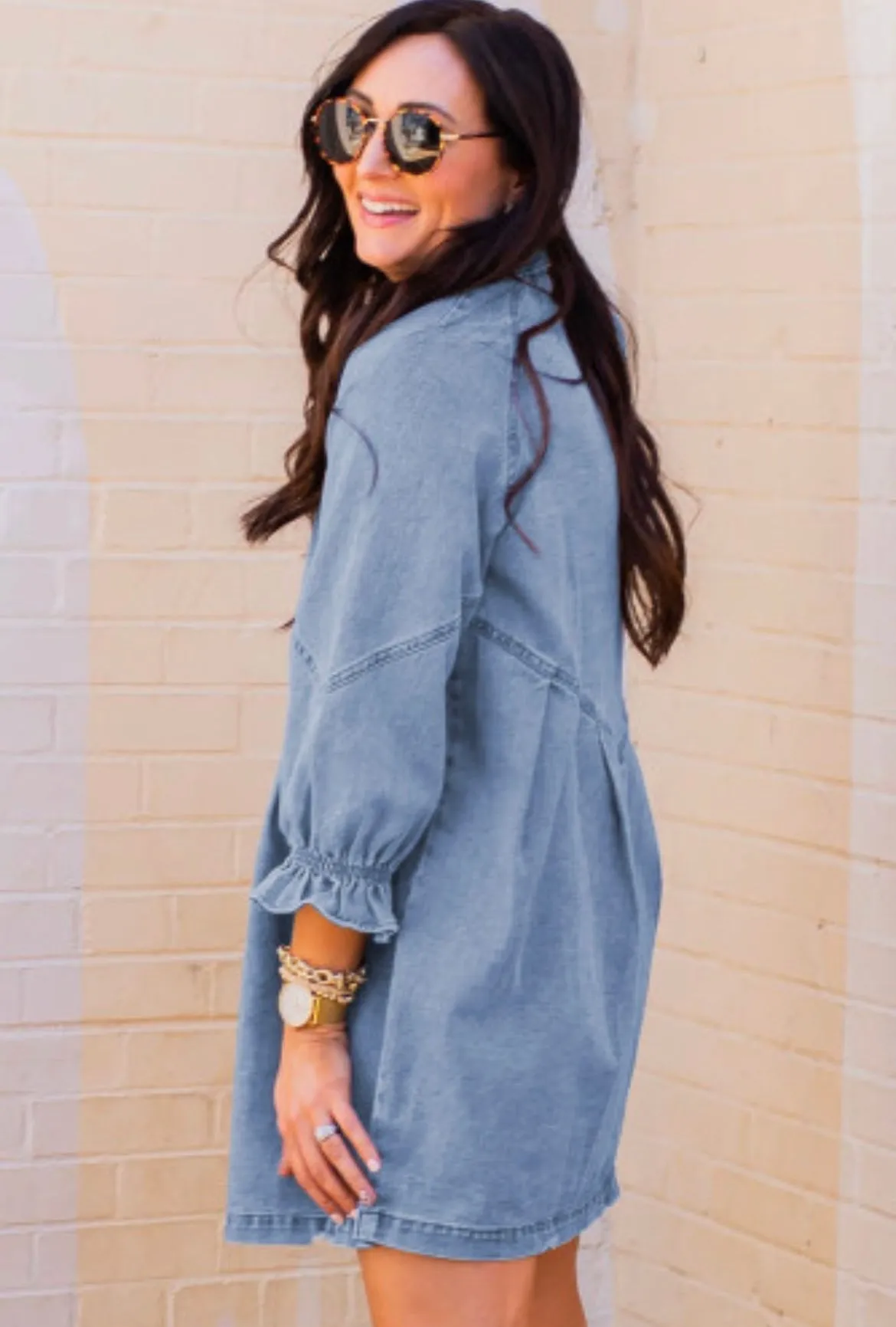 Sky Blue Buttoned Long Sleeve Denim Mini Dress