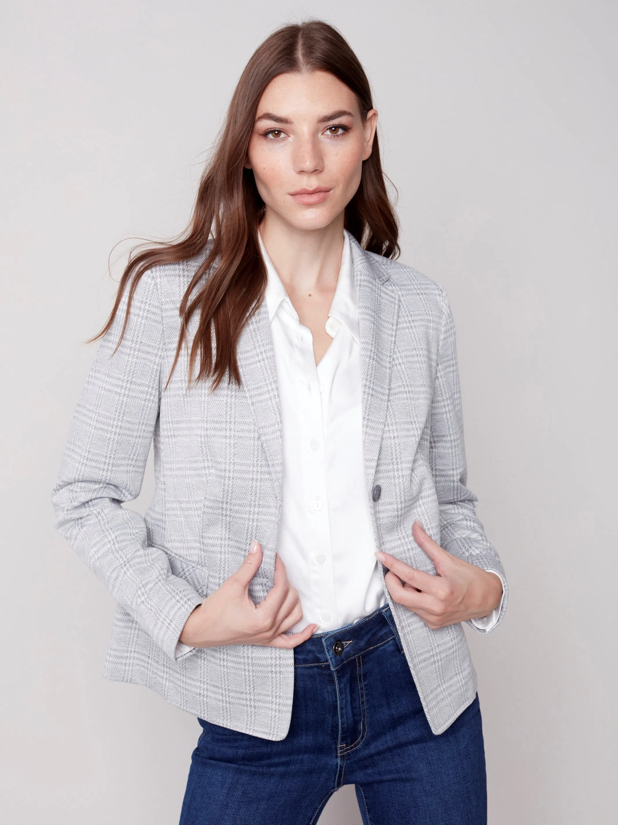 Yarn Dye Plaid Blazer - Light Grey
